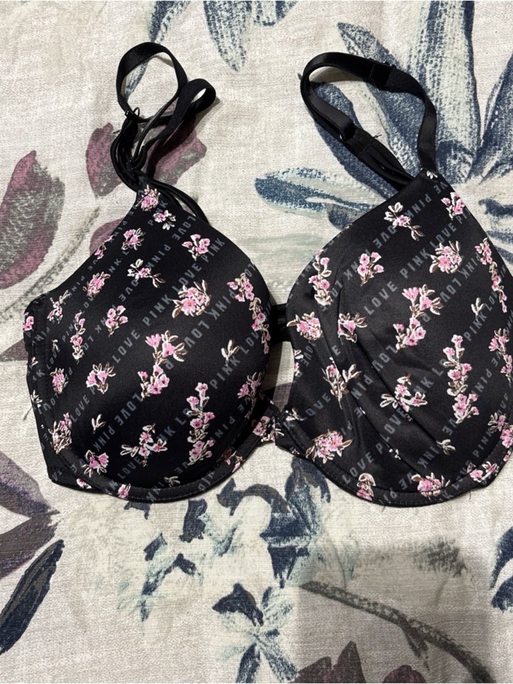 PINK Victoria's Secret Black Bra with Pink Floral Print